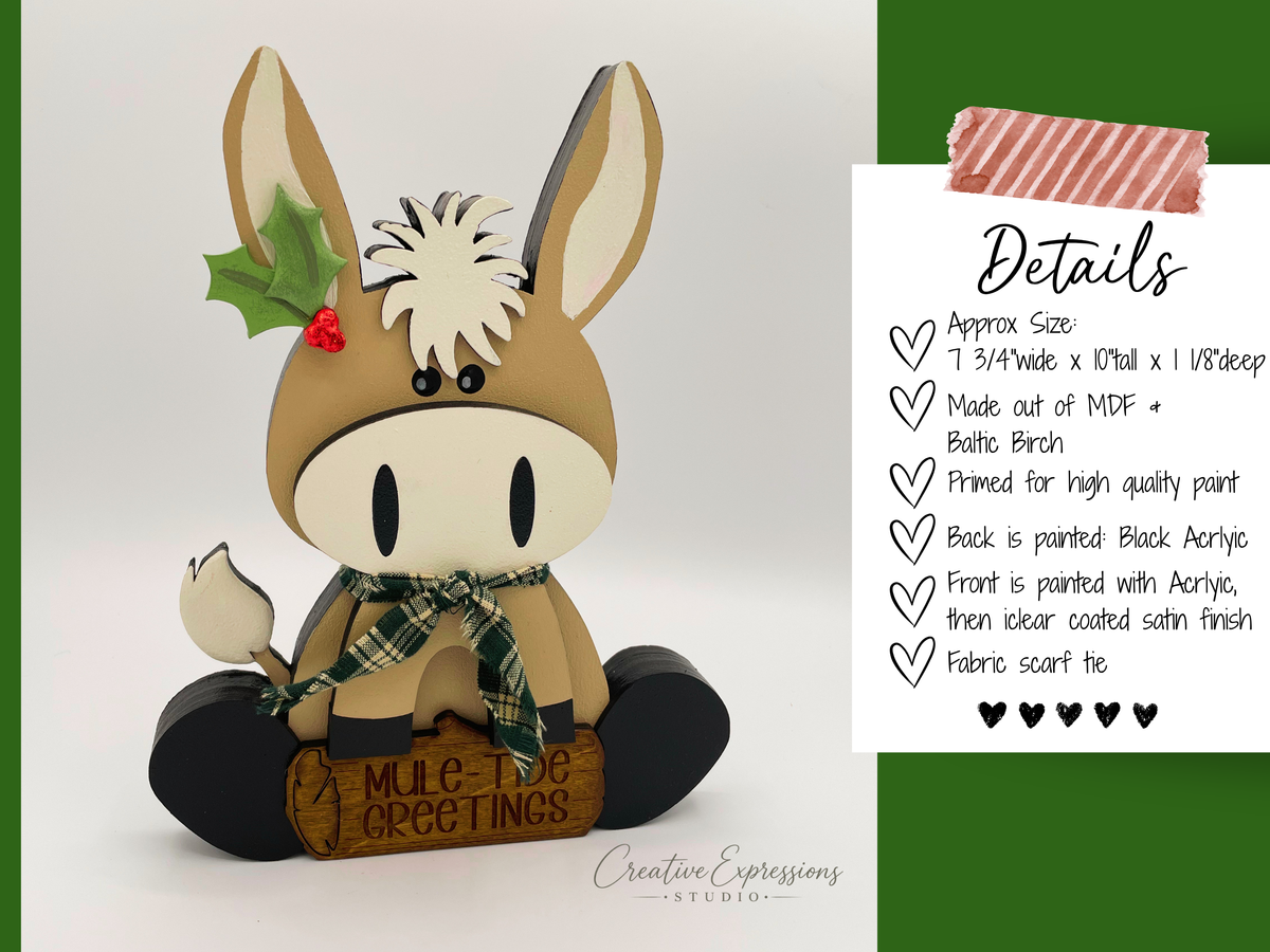 Mule Tide Greetings Christmas Donkey Shelf Sitter, Handmade Holiday Decor