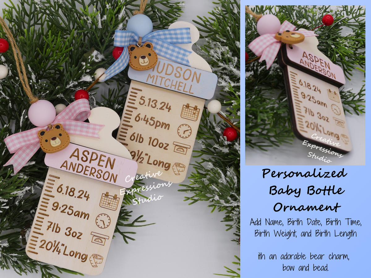 Personalized Baby Birth Ornament - Baby Bottle Newborn Keepsake