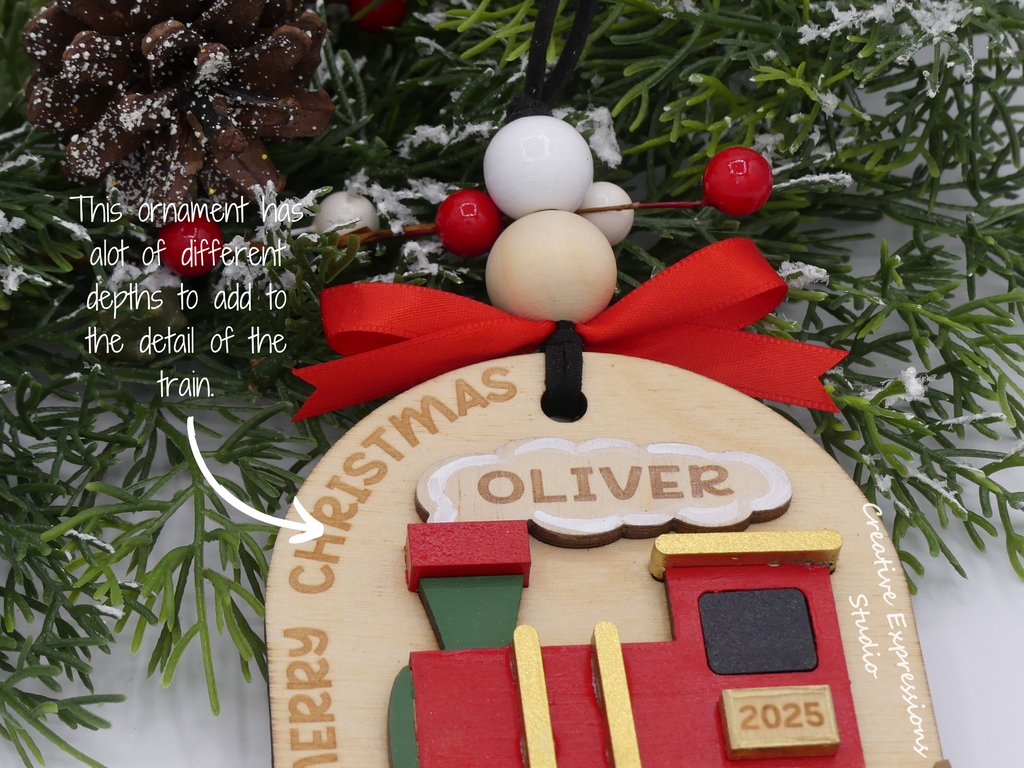 Personalized Christmas Train Ornament – Wooden Kids Keepsake