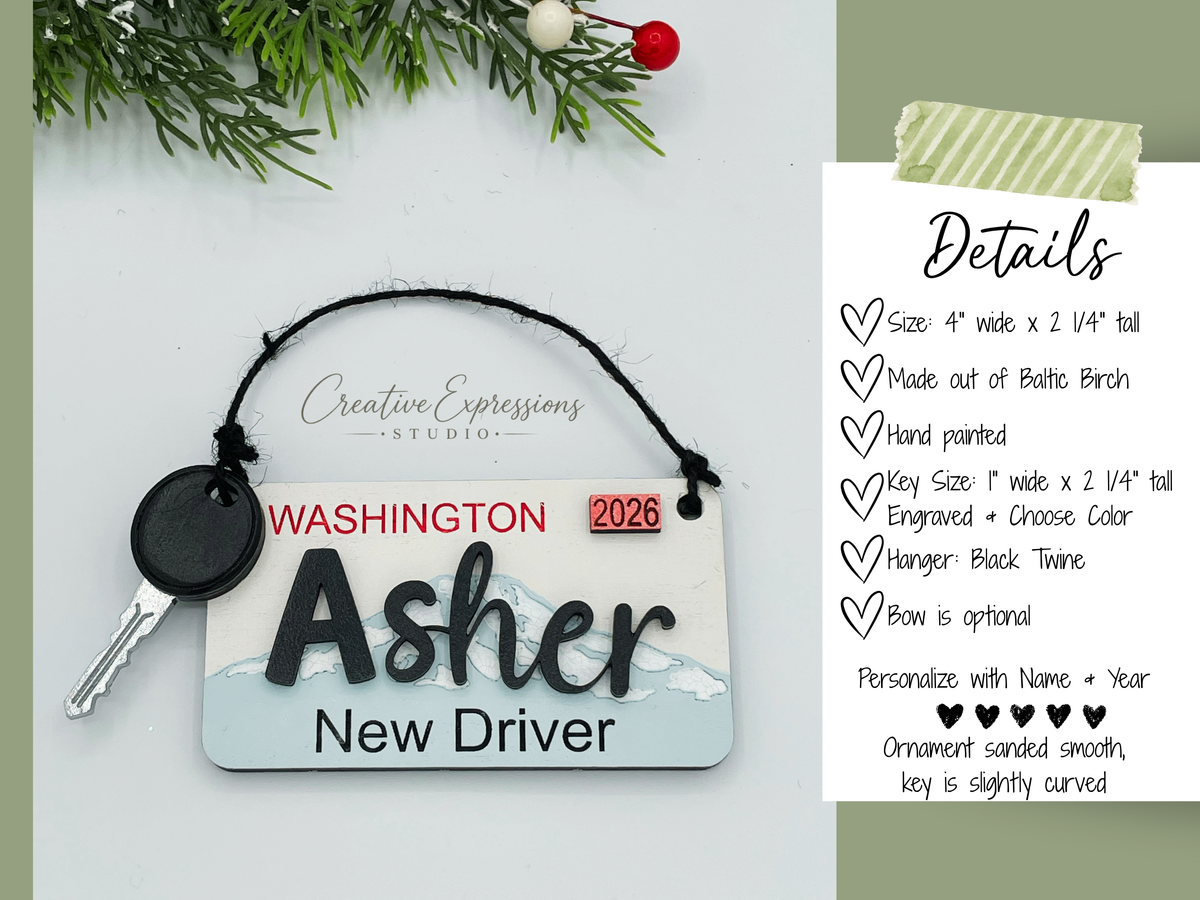Personalized Washington New Driver Ornament - License Keepsake