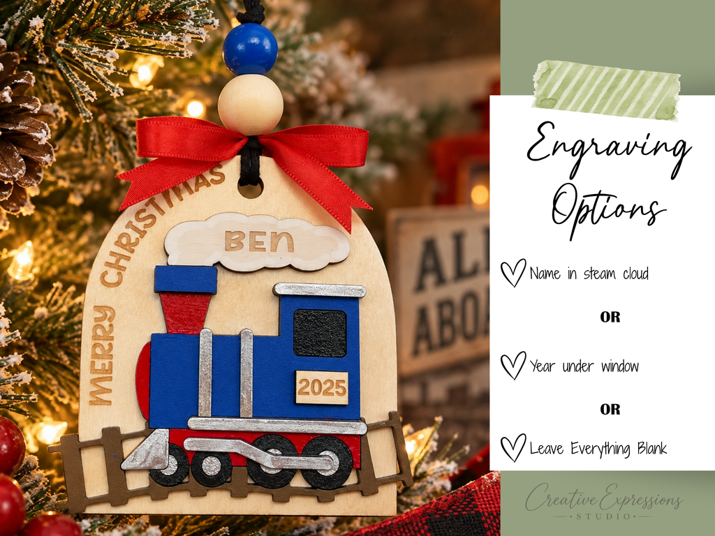 Personalized Christmas Train Ornament – Wooden Kids Keepsake