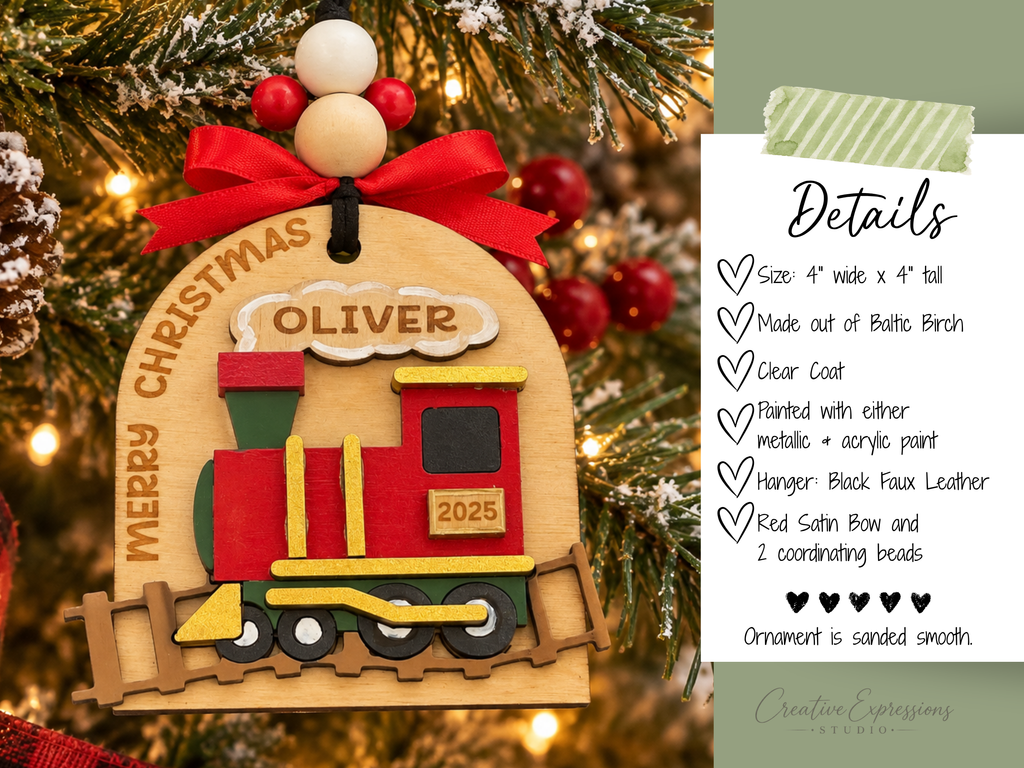 Personalized Christmas Train Ornament – Wooden Kids Keepsake