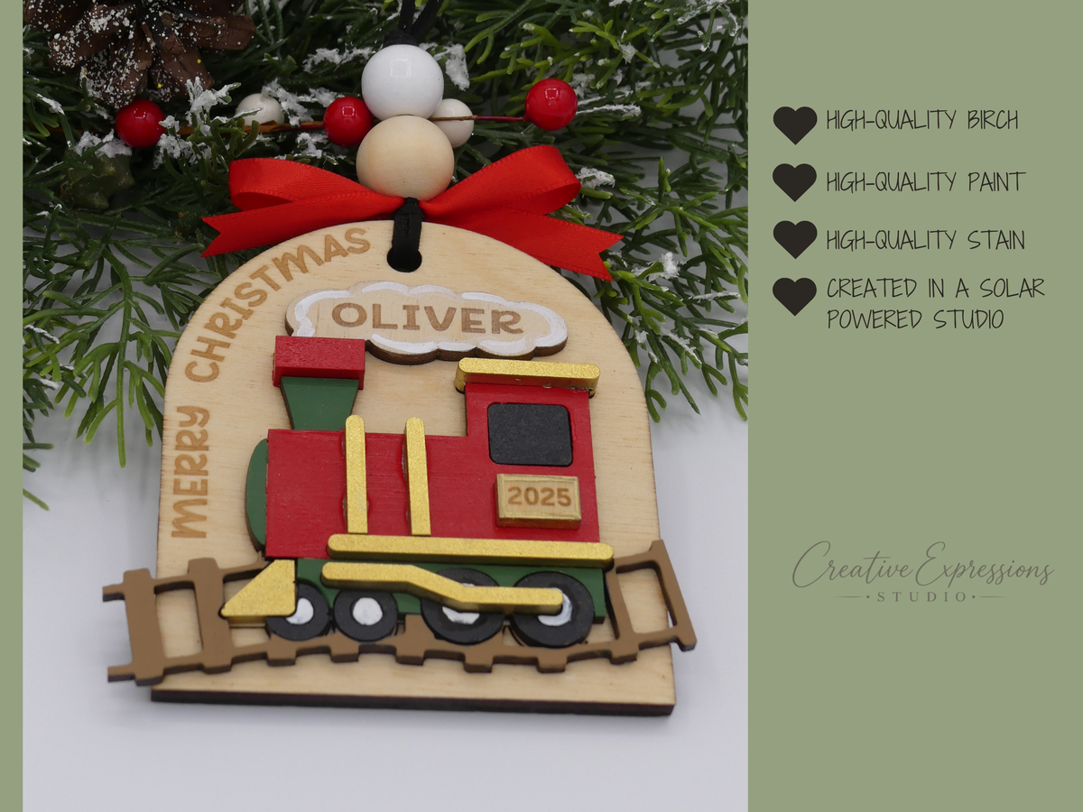 Personalized Christmas Train Ornament – Wooden Kids Keepsake