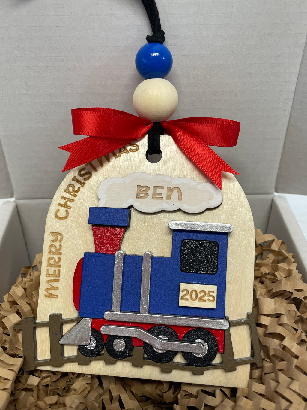 Personalized Christmas Train Ornament – Wooden Kids Keepsake