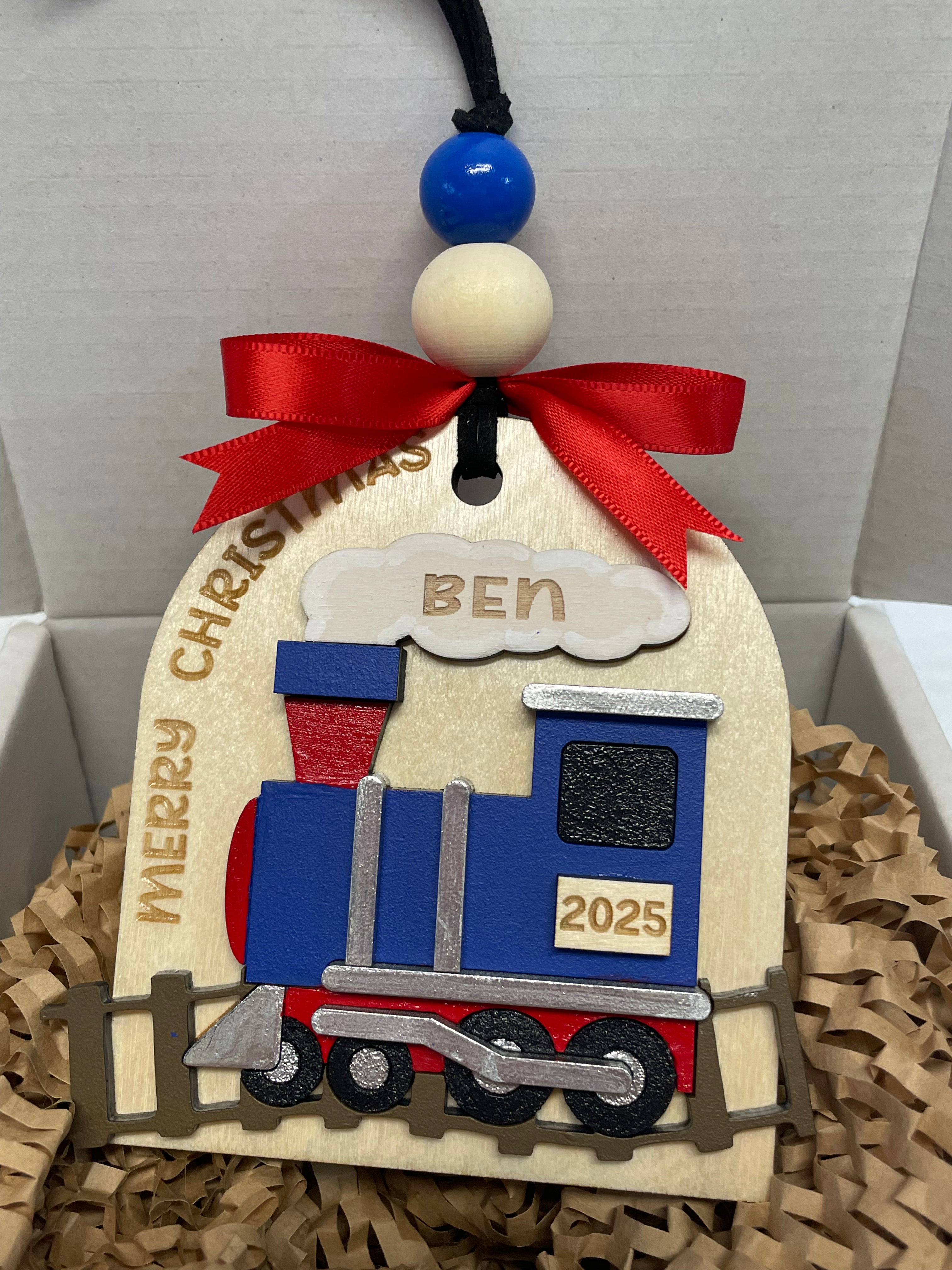 Personalized Christmas Train Ornament – Wooden Kids Keepsake