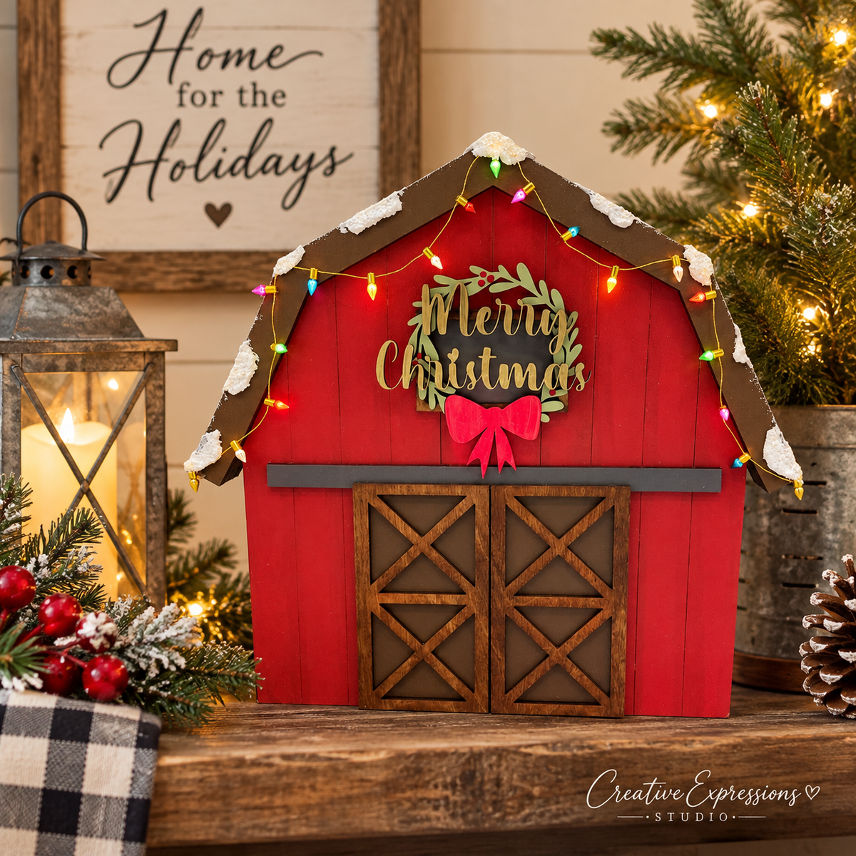 Christmas Barn Shelf Sitter - Wooden Farmhouse Decor