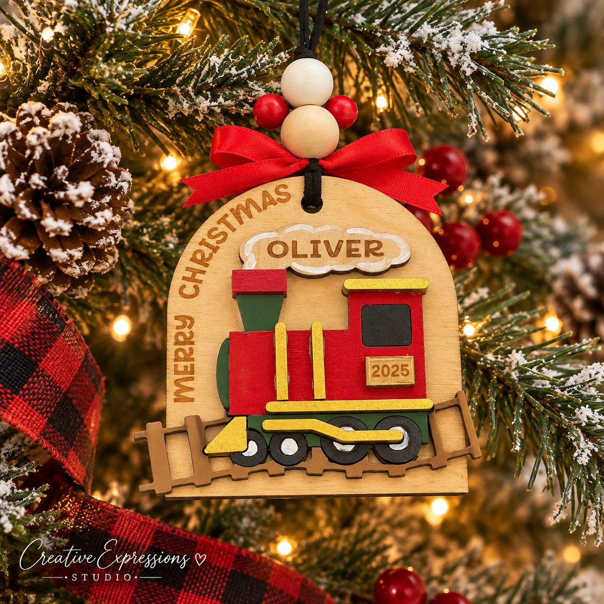 Personalized Christmas Train Ornament – Wooden Kids Keepsake