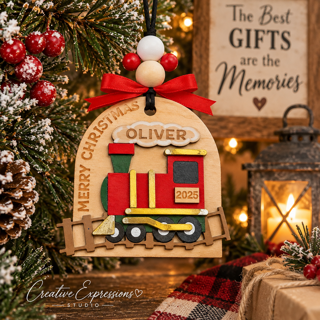 Personalized Christmas Train Ornament – Wooden Kids Keepsake