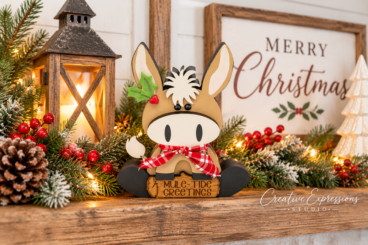 Mule Tide Greetings Christmas Donkey Shelf Sitter, Handmade Holiday Decor