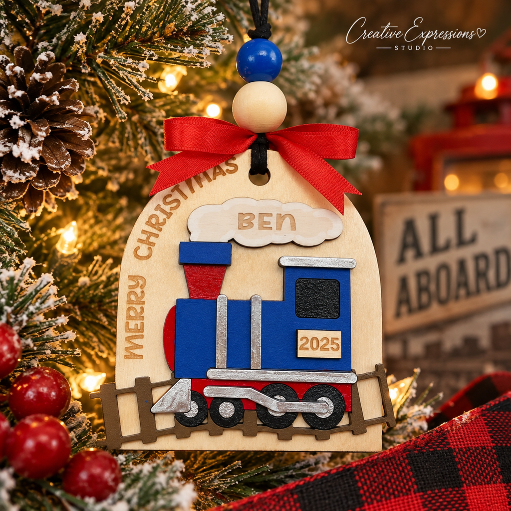 Personalized Christmas Train Ornament – Wooden Kids Keepsake