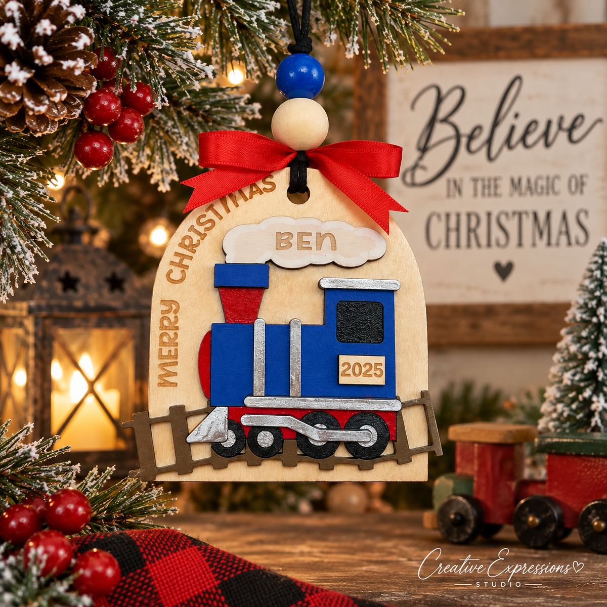 Personalized Christmas Train Ornament – Wooden Kids Keepsake